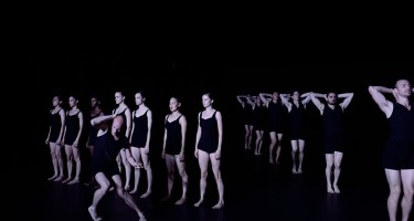 Batsheva Dance Company. Fourteeb dancers in tight black sleeveless tops and shorts stand in two groups against a black background, with one dancer in the fore ground who is slightly crouched with his hand to his head. The group on the right are standing in a line that recedes back into the frame. Each dancer has both hands placed behind their head. The second group stands to the left of the first. They are in a line standing shoulder to shoulder facing to the left. They have both of their hands straight down by their sides.