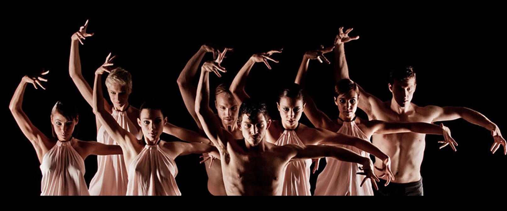 Ballets Jazz de Montreal. A group of fair skinned dancers stands facing the camera aith their right arms curved above their heads and left arms outstretched to the side.