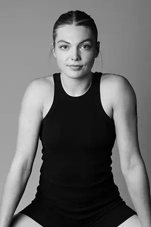 Black and white portrait photo of Maya Davies.